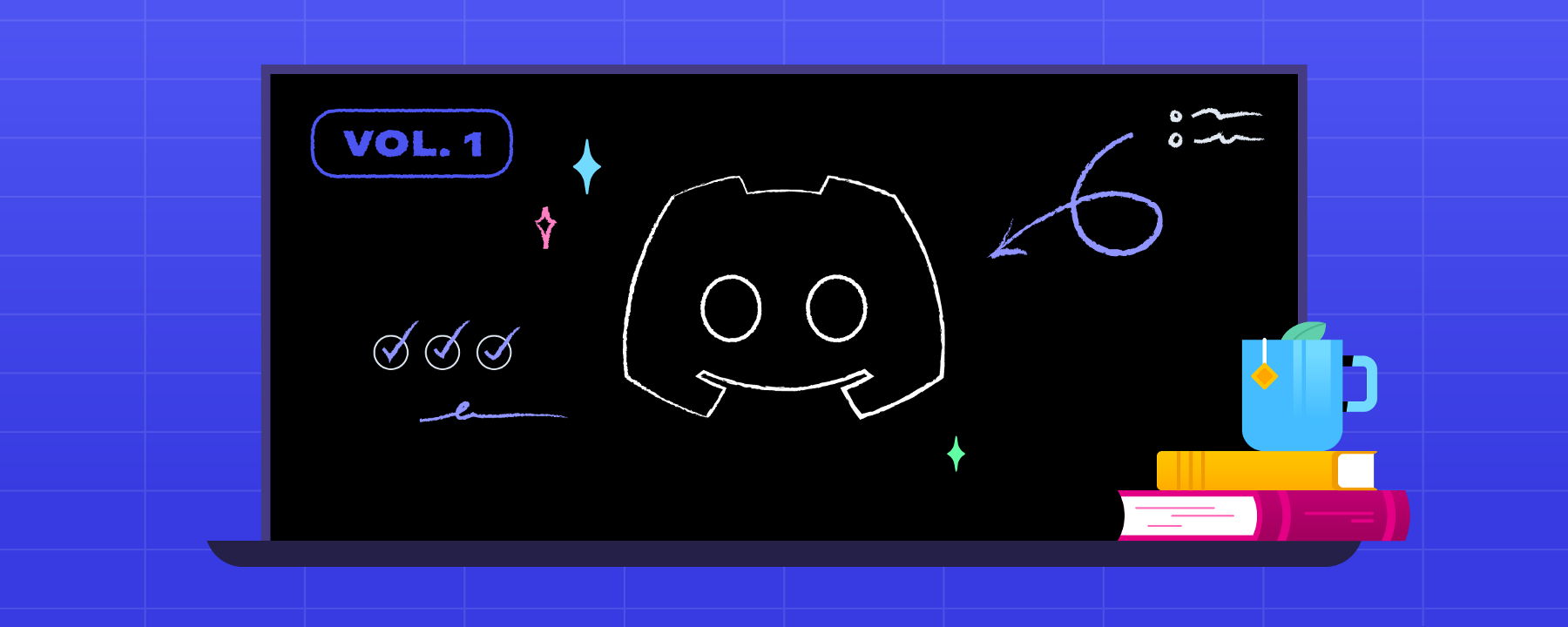 A classroom chalkboard with the Discord logo drawn on it. 