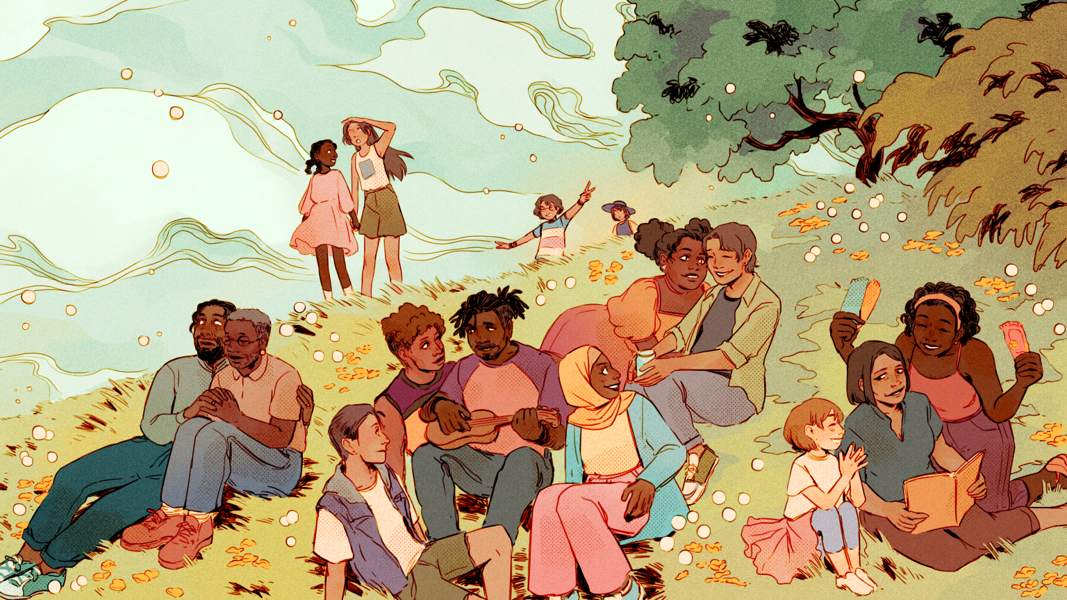 Digital illustration of 15 people on a grassy hill under trees enjoying their day. Some are reading, playing music, walking, holding hands, or eating.