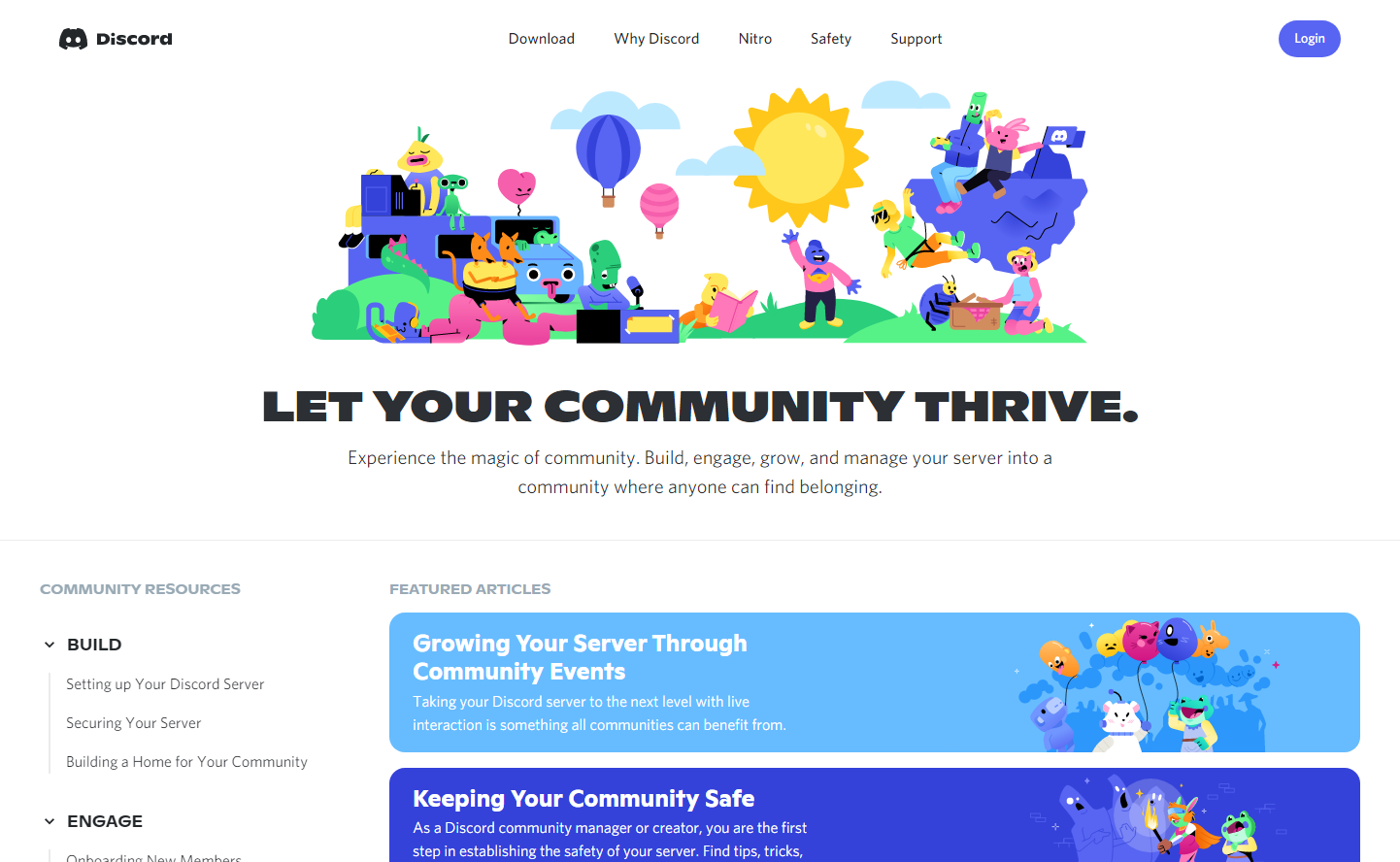 A website screenshot of our new Discord Community Resources. Within the image, you can see some of the articles that will be mentioned later in the blog like "Growing Your Server Through Community Events", "Keeping Your Community Safe", along with community-themed Discord character art.