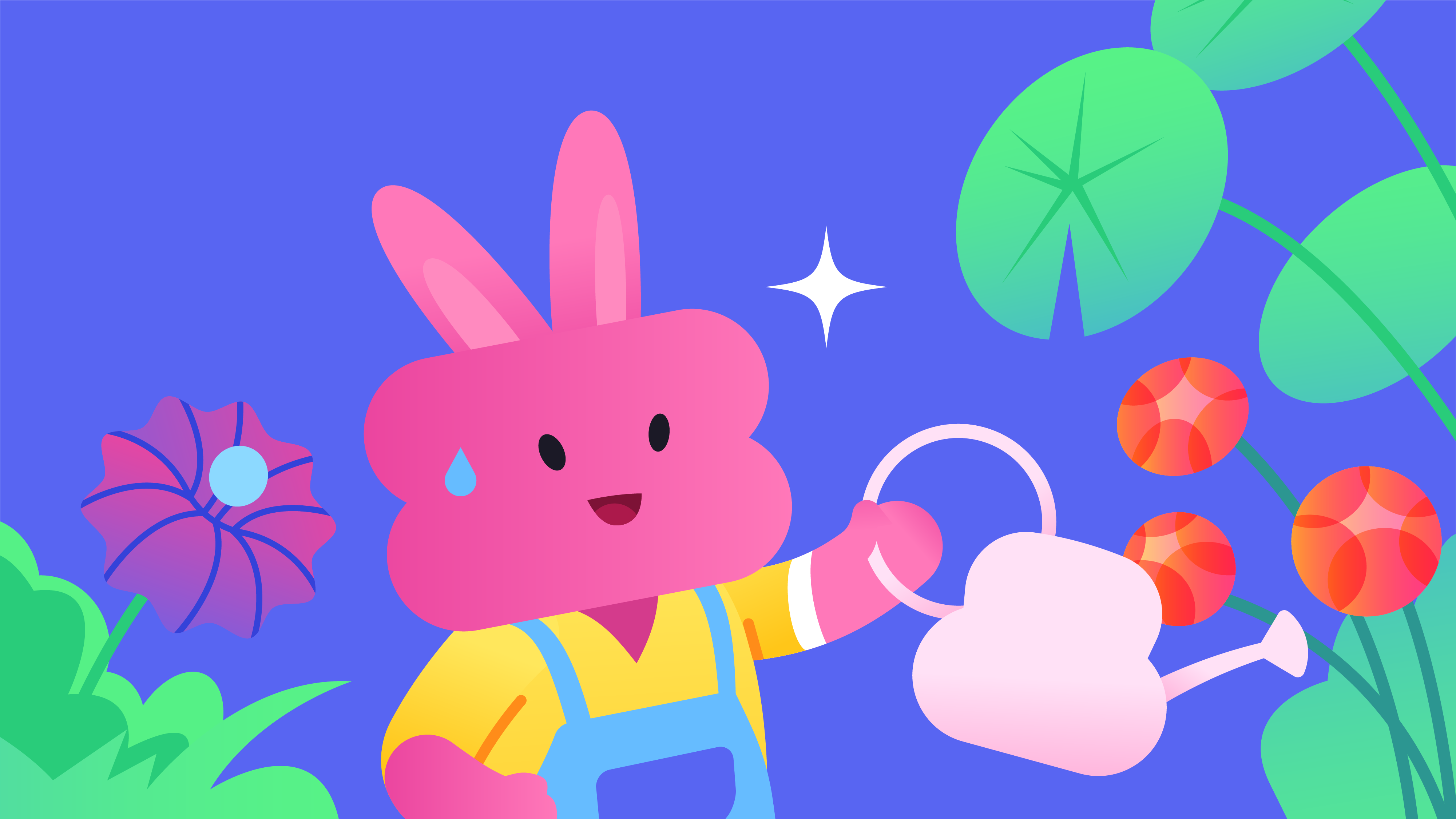 An art piece of Mallow, a soft cartoon bunny with a squishy head, watering plants with a watering can in their garden. Mallow appears to be sweating a little bit from all the hard work.