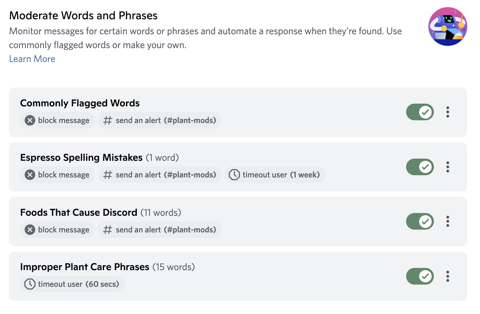 A screenshot of AutoMod’s rules page. Four rulesets are shown, with a variety of actions taken as certain actions are taken. Some automatically block messages, while others send alerts or timeout users.