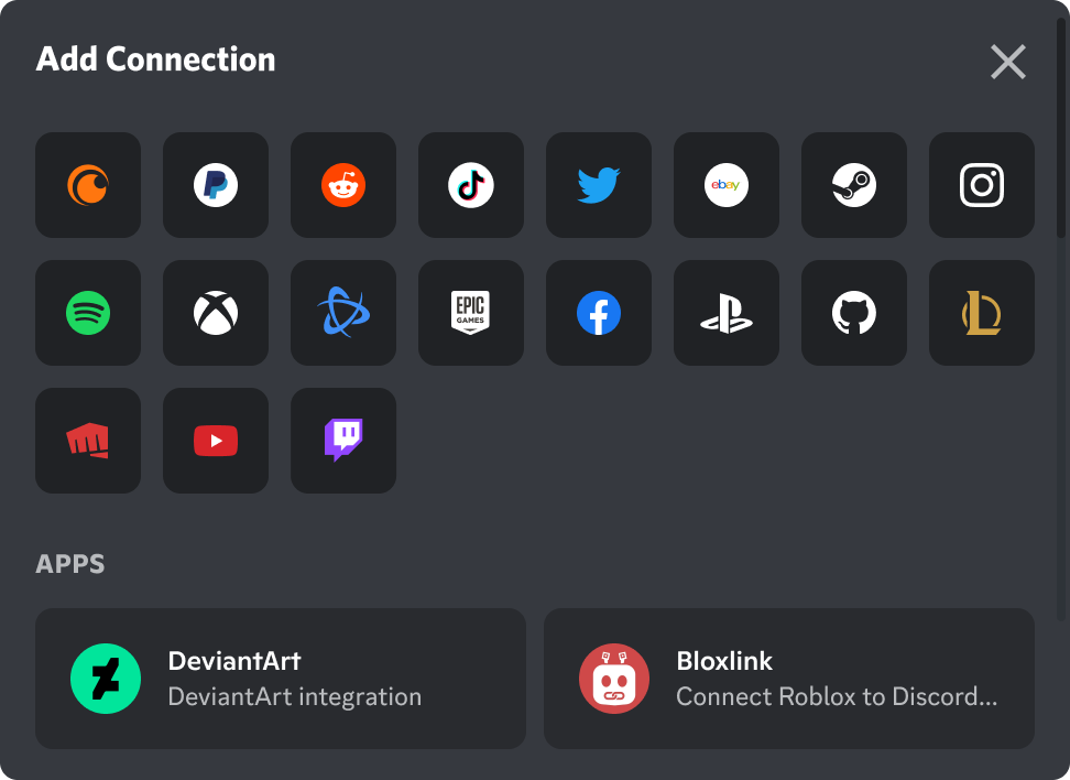 The menu to add a Connection to your Discord profile. The included Connections are Crunchyroll, PayPal, Reddit, TikTok, Twitter, eBay, Steam, Instagram, Spotify, Xbox, Battle.net, Epic Games, Facebook, PlayStation, GitHub, League of Legends, Riot Games, YouTube, and Twitch. Two third-party apps are shown as well, DeviantArt and Bloxlink.