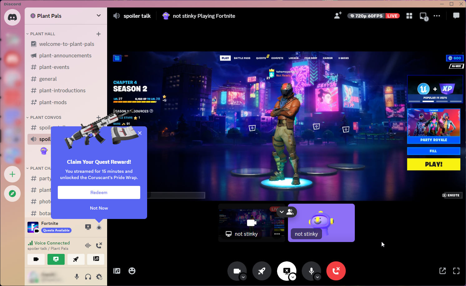 A screensharing session in a Discord server. Someone is streaming Fortnite!