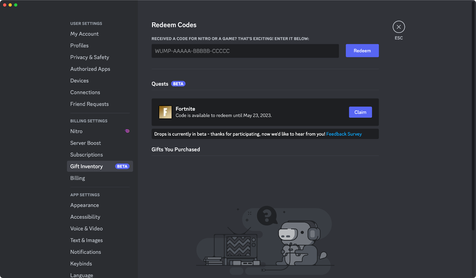 The “Gift Inventory” screen in User Settings on desktop. A Fortnite promotion is able to be redeemed. 