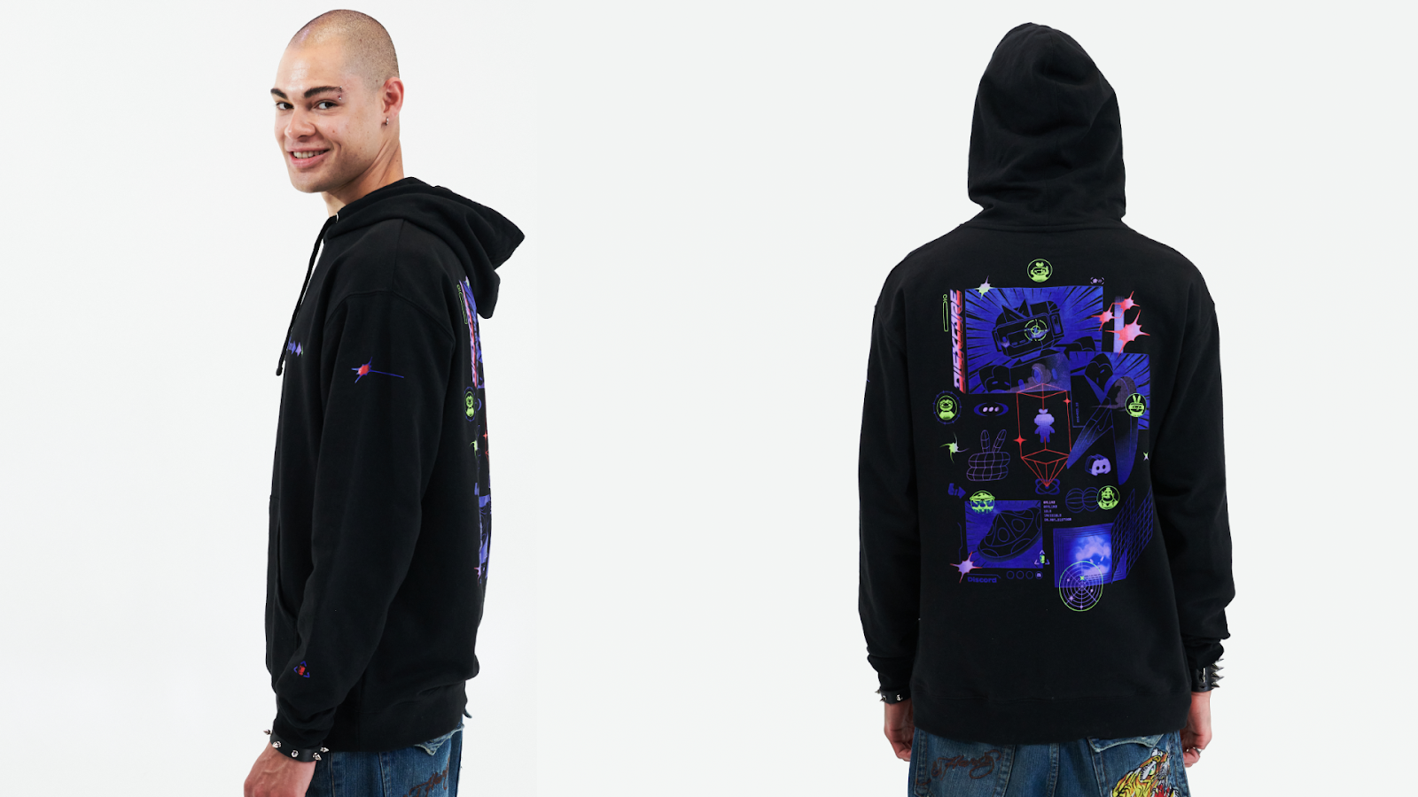 A person wearing the DISXCORE pullover hoodie. There are two angles shown, one from the side and one from the back.