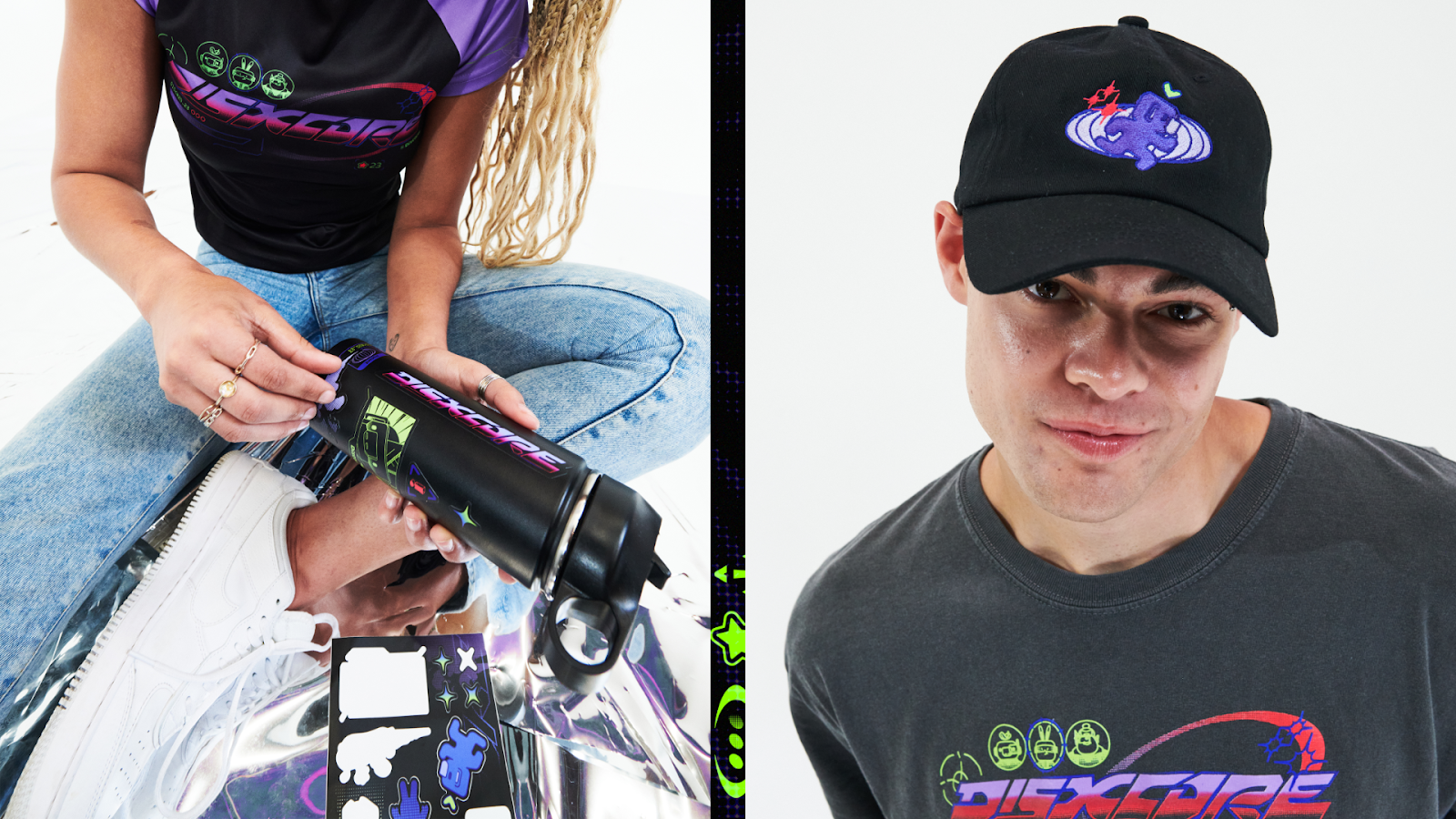 Two images side by side. One is a person putting stickers on the DISXCORE water bottle, while the other is someone modeling the DISXCORE dad hat. 