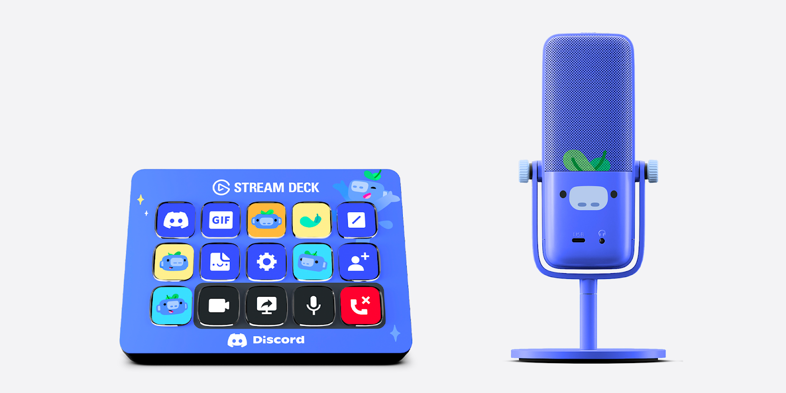 A photo of the Wumpus-themed Elgato Wave:3 Microphone and Stream Deck. 
