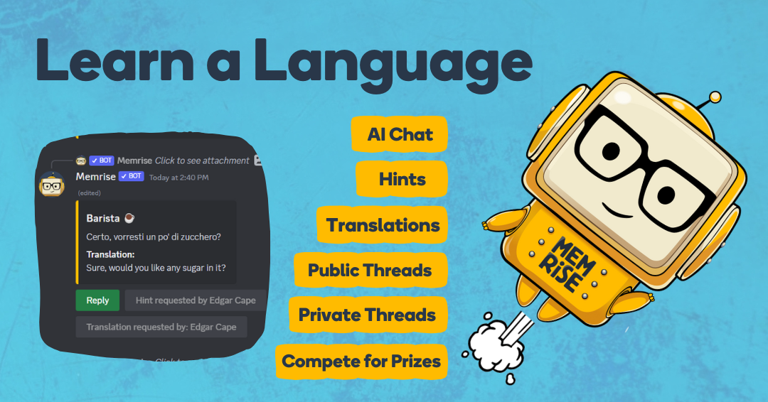 Promotional imagery for Memrise. It shows what the app is capable of, including “Translations,” “AI Chat” and creating Threads.
