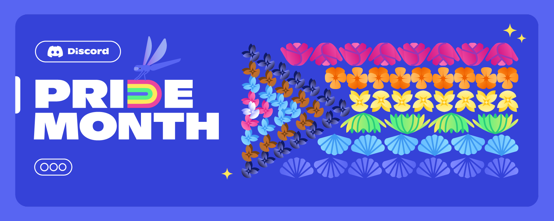 An artistic representation of the Progressive Pride flag where the stripes on the flag are replaced with flowers taking on their colors. To the left of the flower flag is the phrase “Discord Pride Month.” A dragonfly that looks strangely like Wumpus is seen on the left. 