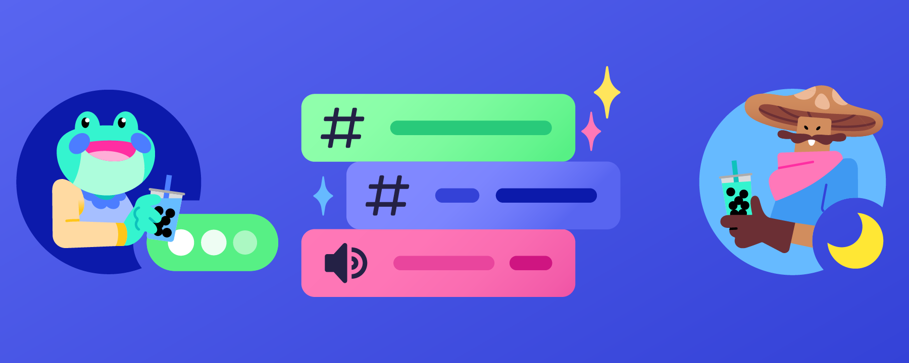 Two friends having a conversation in Discord. Floating representations of text channels and voice channels are between them.