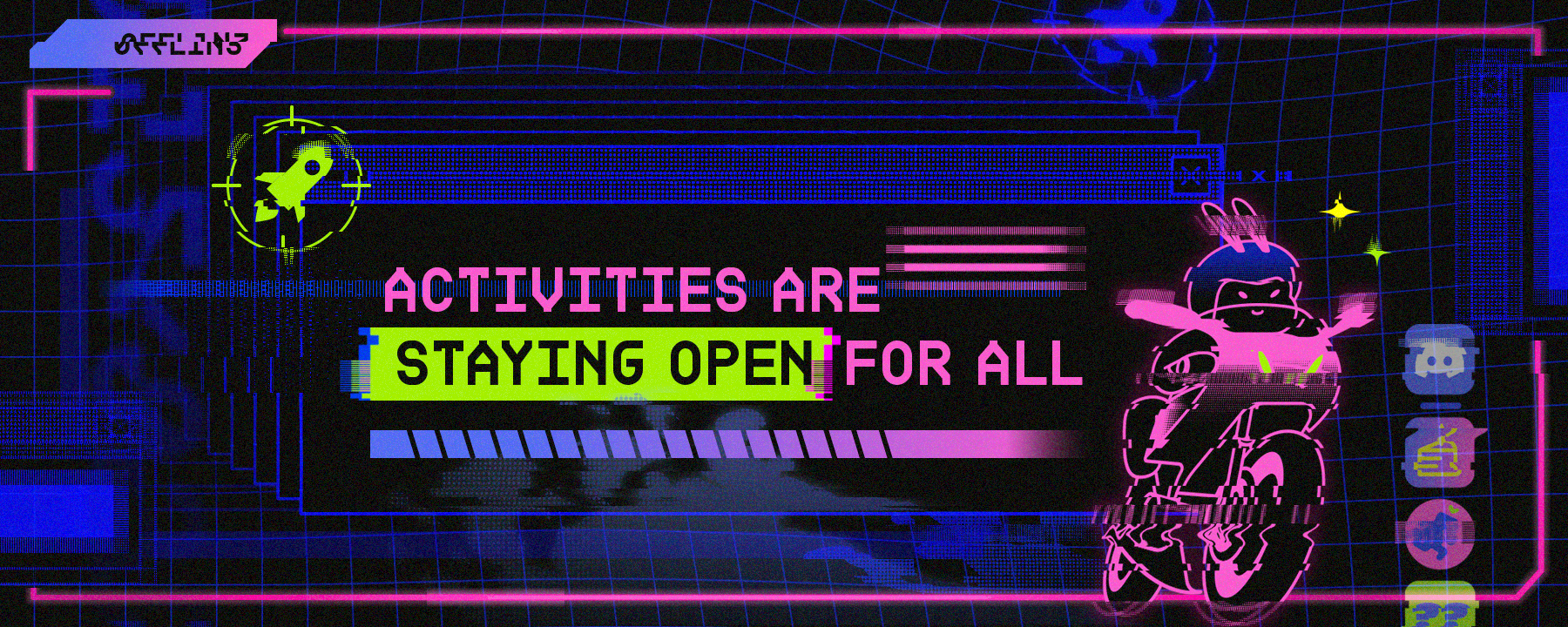 A cybernetic, neon-colored Discord birthday banner that reads "Activities are staying open for all".