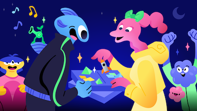 Two Discord characters playing a board game while two other characters cheer them on.