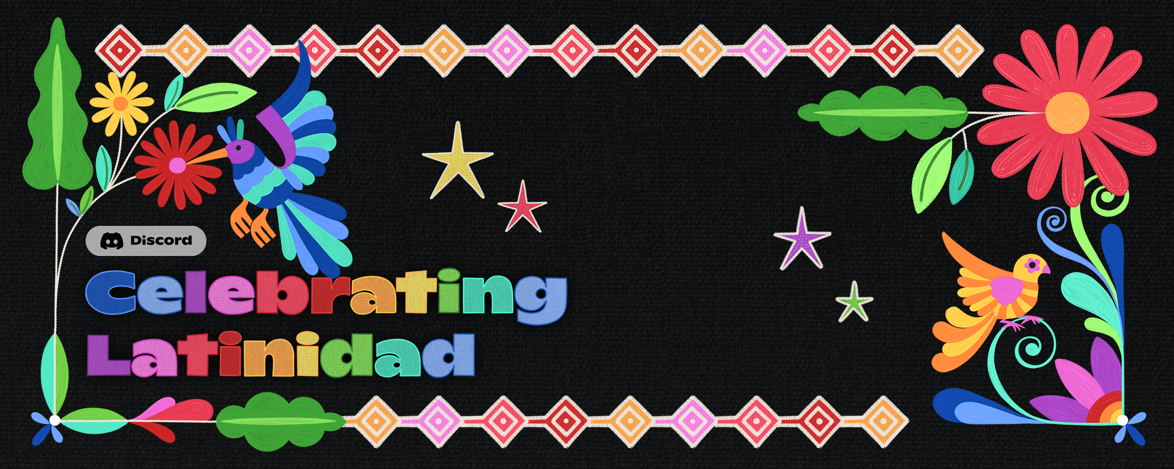 A depiction of colorful birds, flowers, and diamond tiles surrounding the message “Celebrating Latinidad.”