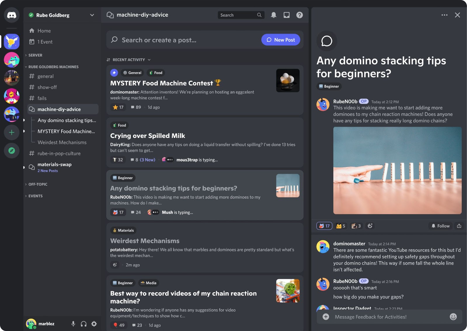 A Forum channel within Discord. There are different unique conversations shown that can be opened up from within the Forum channel.