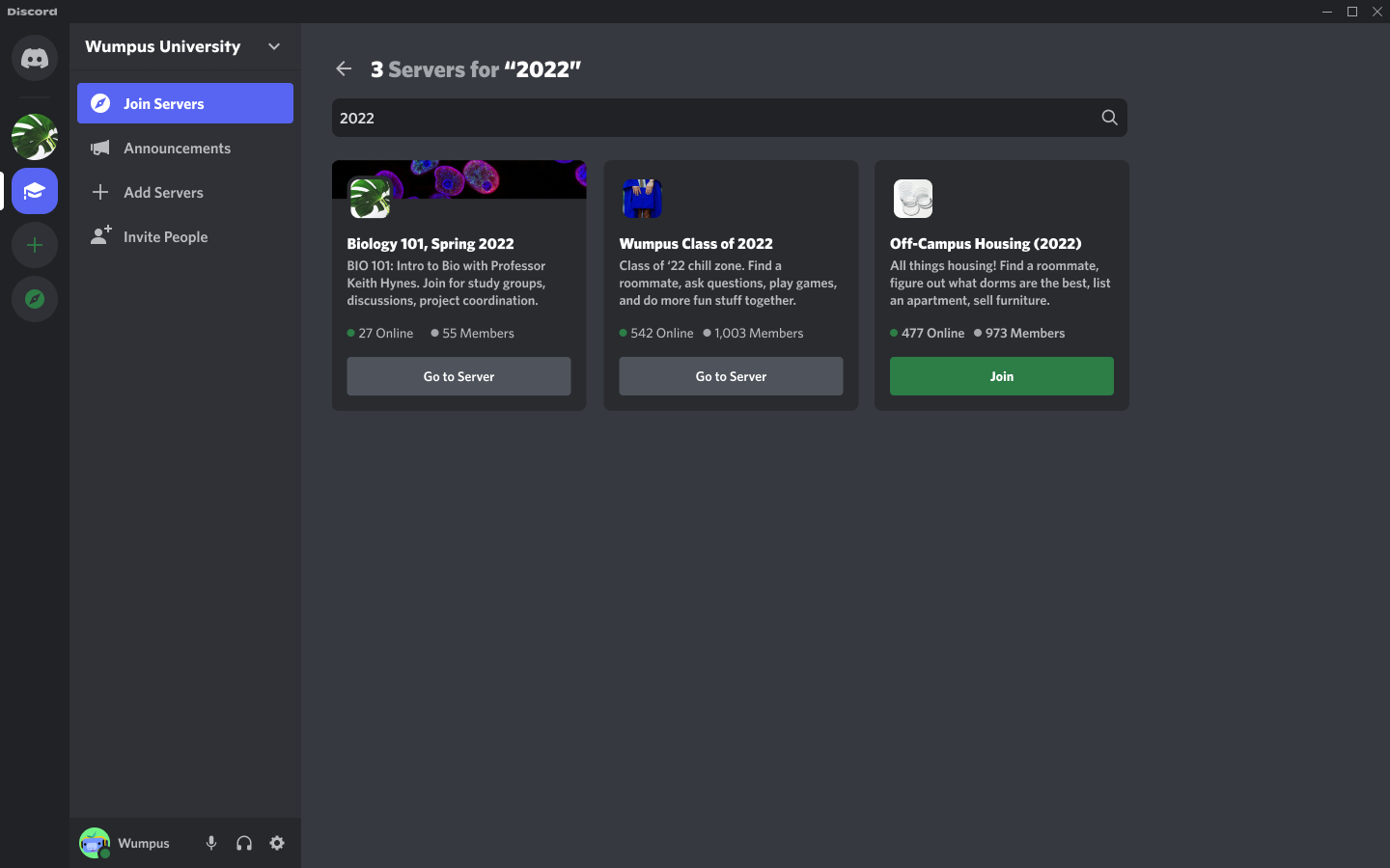 A Student Hub for Wumpus University within Discord. In the Student Hub, the search bar is being used to look for servers mentioning “2022.” There are three results for servers mentioning “2022” in the Wumpus University Student Hub. The results are “Biology 101 Spring 2022, “Wumpus Class of 2022,” and “Off-Campus Housing 2022.” 