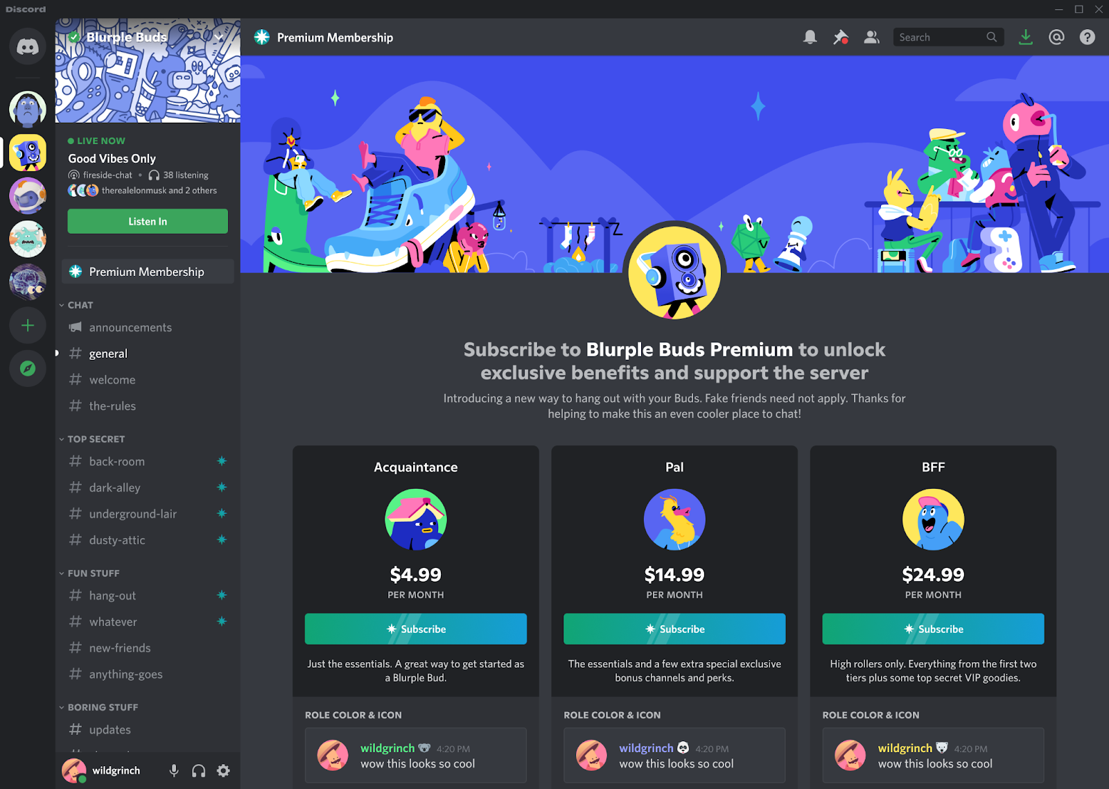 A preview of the new Premium Memberships page in a Discord server. In the sample Blurple Buds server, three different purchasable Roles offer a variety of benefits. The price offerings for each tier are $4.99, $14.99, $24.99