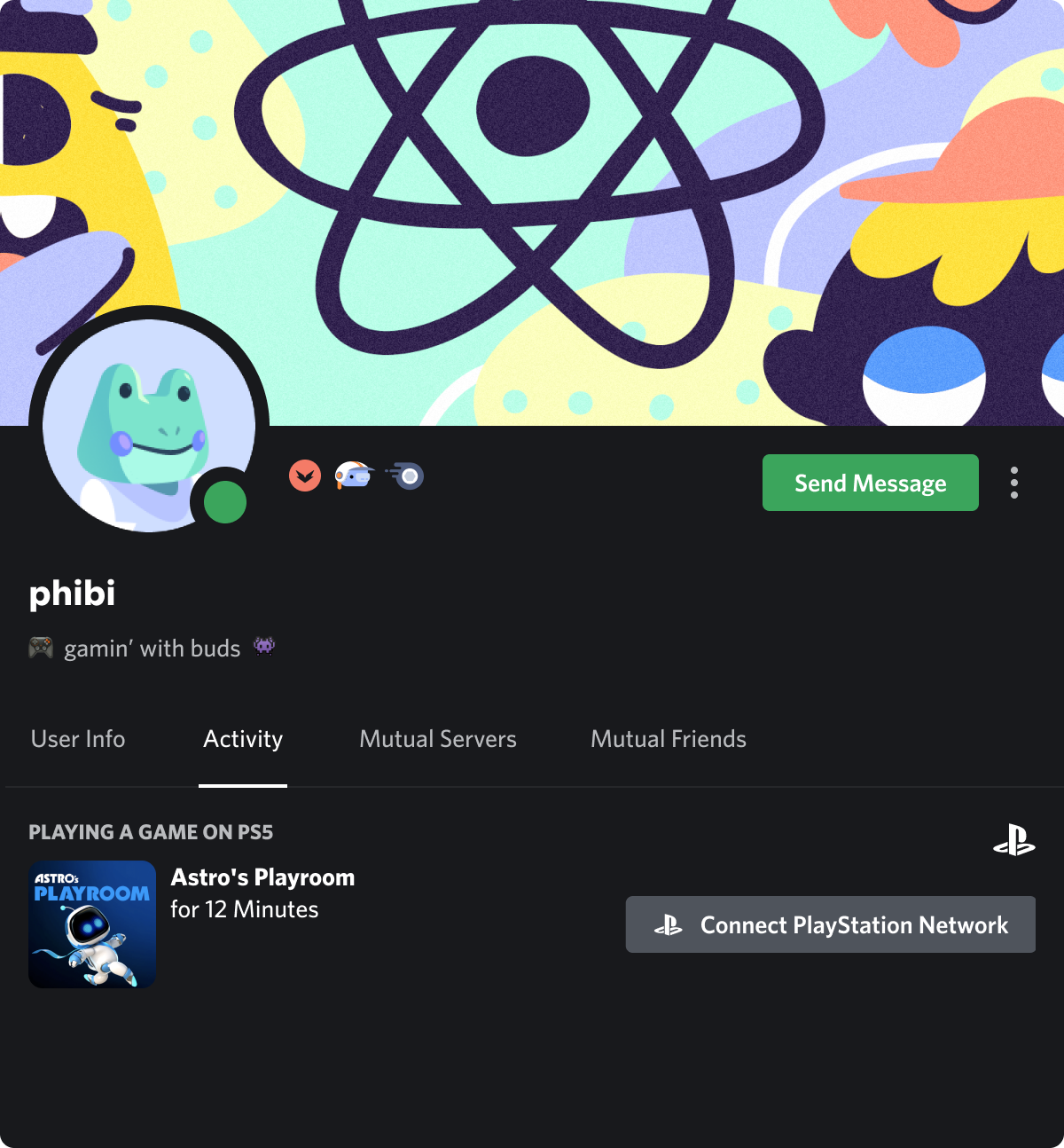 A user with their Activity status stating that they're currently playing a PlayStation 5 game.