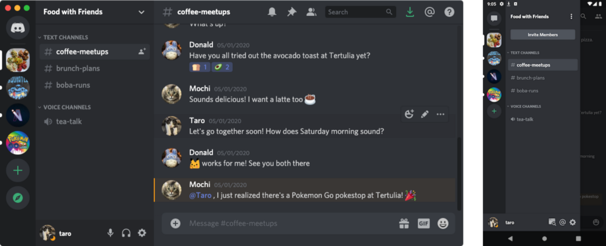 Screenshots of Discord for desktop and Android, side by side.