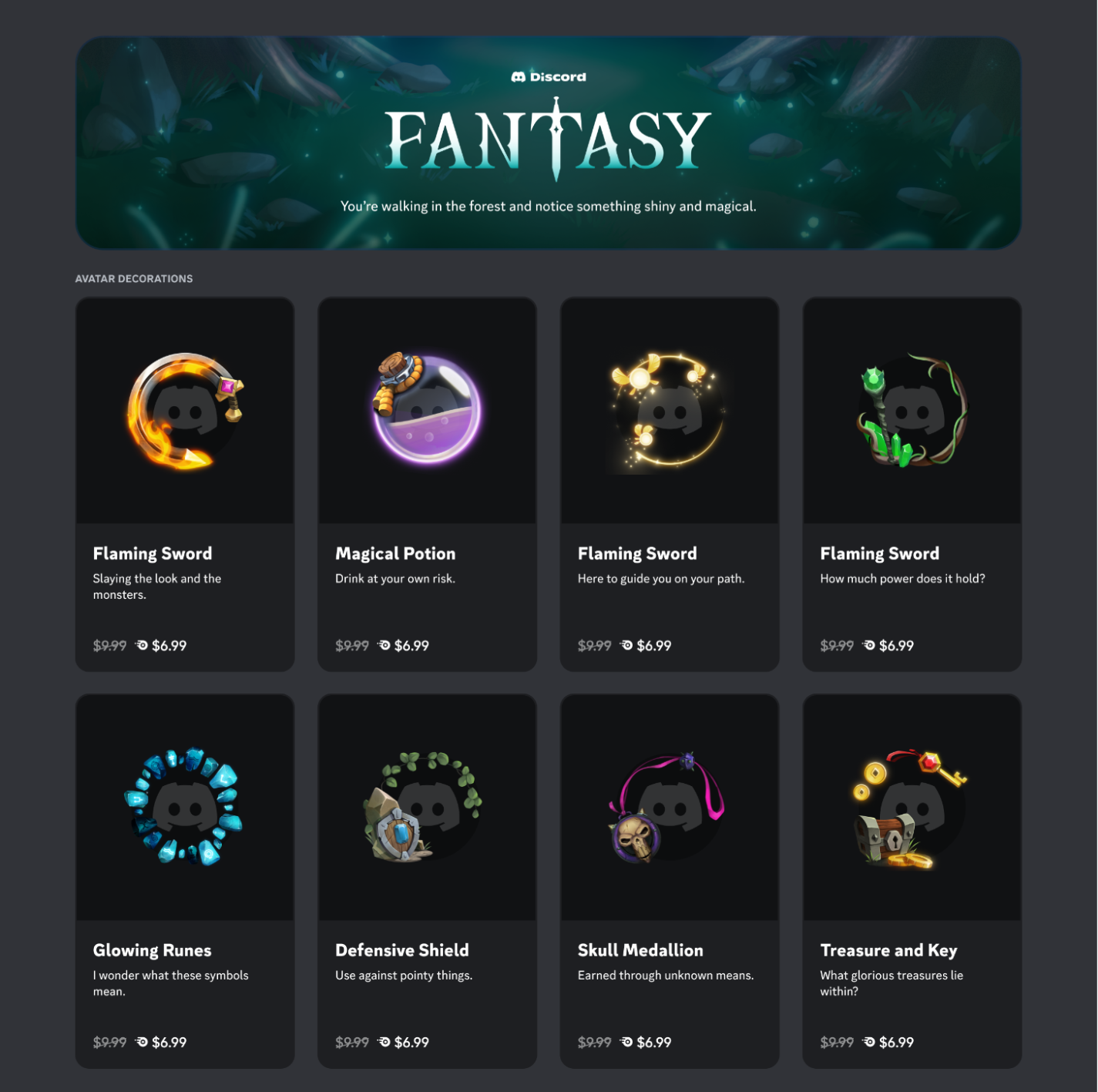 The Discord Shop, showcasing the Fantasy collection of Avatar Decorations.