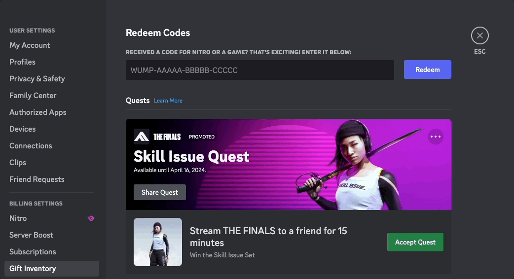 A GIF demonstrating how to accept a Quest in User Settings > Gift Inventory