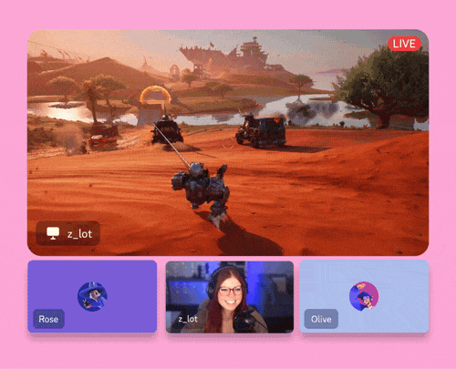 Three friends in an ongoing Discord call. One of the three friends has their camera on and is streaming Fortnite Battle Royale for the other two to enjoy.