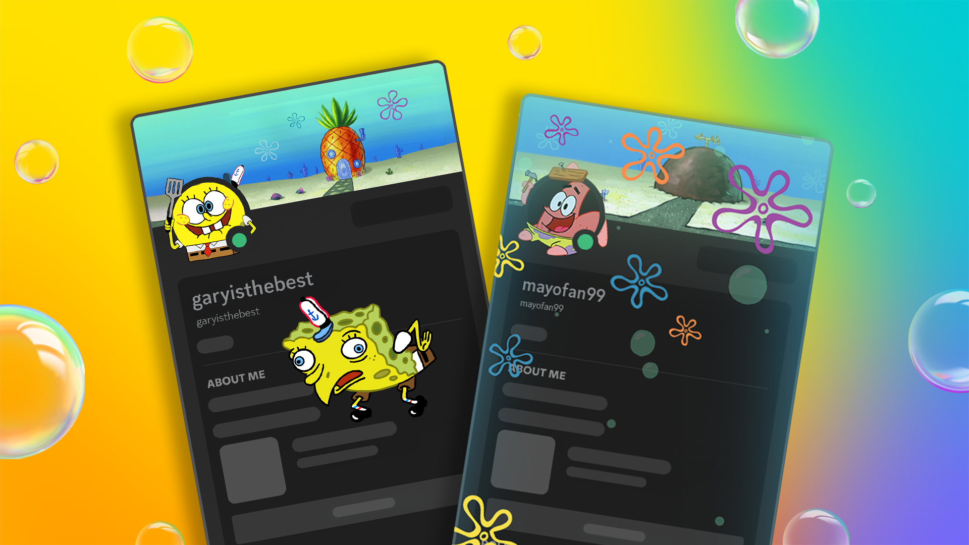 A preview of two profiles wearing SpongeBob SquarePants-themed Avatar Decorations & Profile Effects.