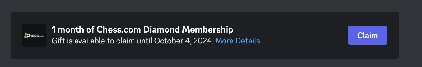 A picture of a gift of 1 month of Chess.com Diamond Membership, available to claim within the Discord Gift Inventory.