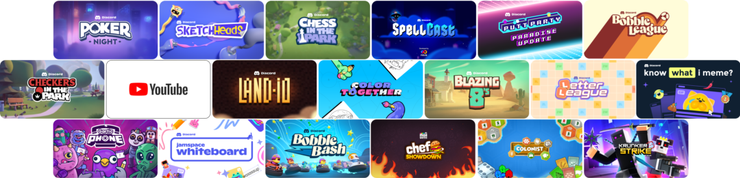 Key artwork for all currently available Activities on Discord.