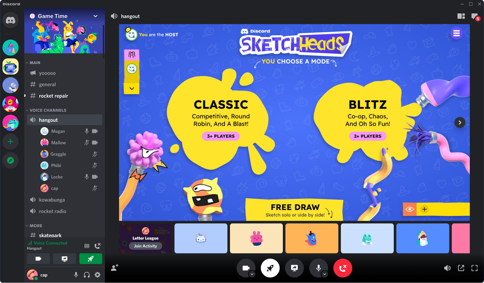 A group of six friends playing Sketch Heads during a Discord call.
