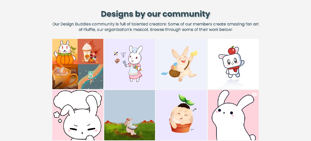 A selection of images depicting Fluffle, the Design Buddies Community's rabbit mascot, drawn by their community members.